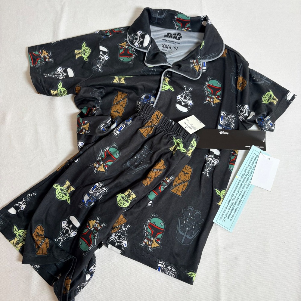 Star Wars Pajama Set XS 4/5 Black NEW Short Sleeve Shirt Shorts Chibi Characters